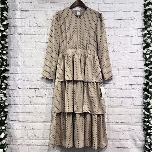 Women’s Tiered Bohemian Cream Ruffle Maxi Dress V Neck Long Sleeve Flowy‎ Dress - Picture 1 of 15